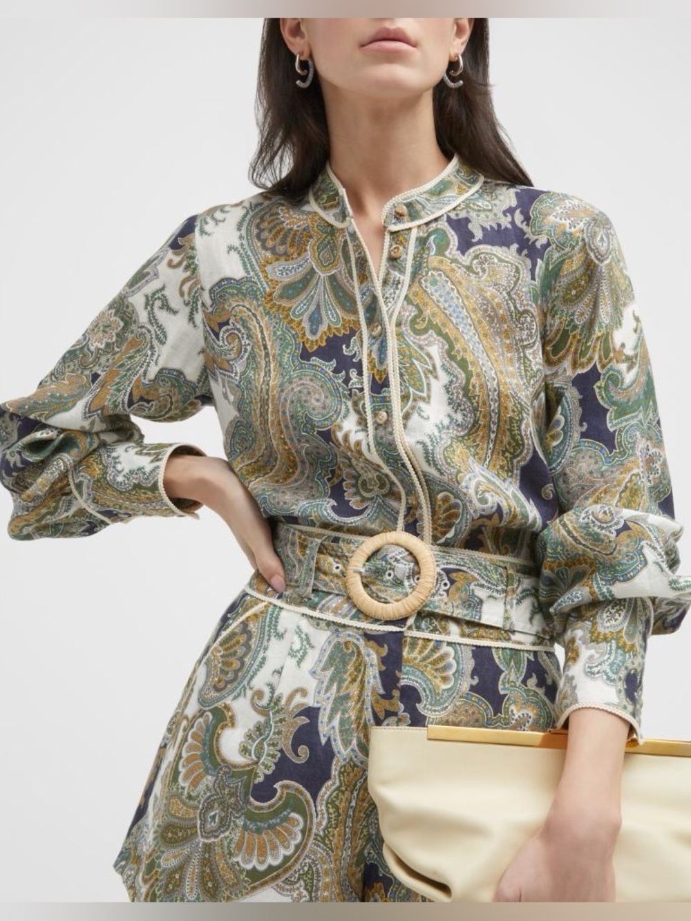NWT $448 VERONICA BEARD Thorp Rope-Trimmed Paisley-Print Linen Blouse